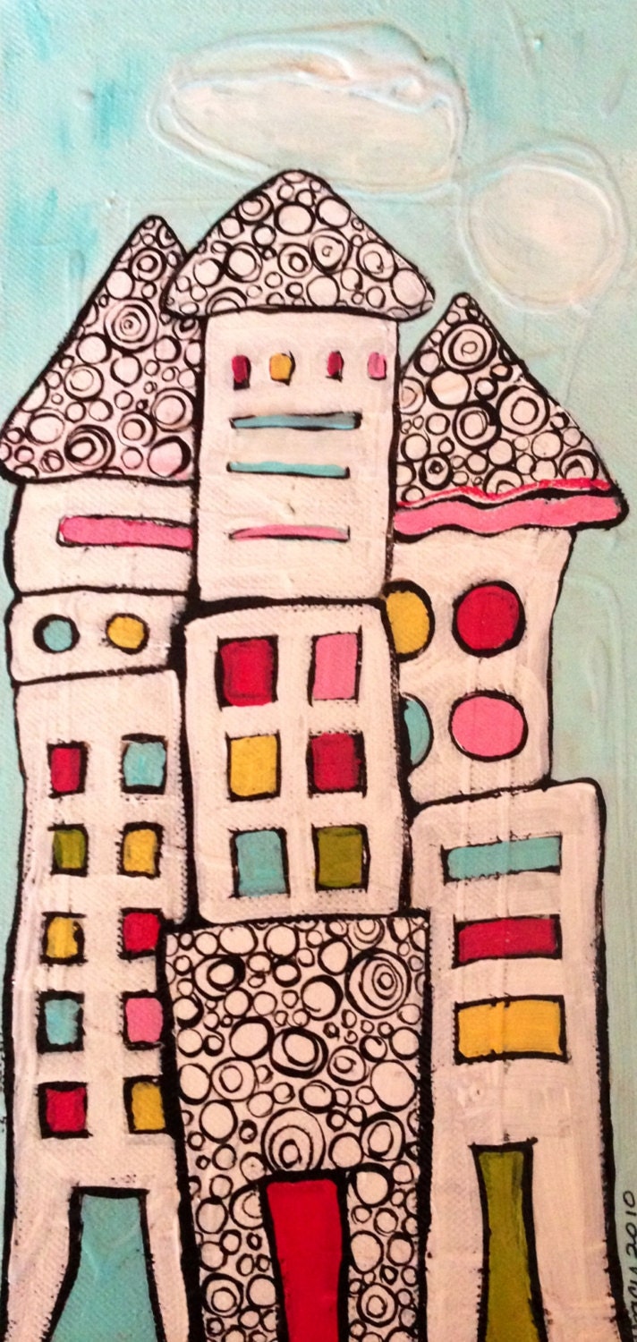 White buildings with pastel windows painting on canvas