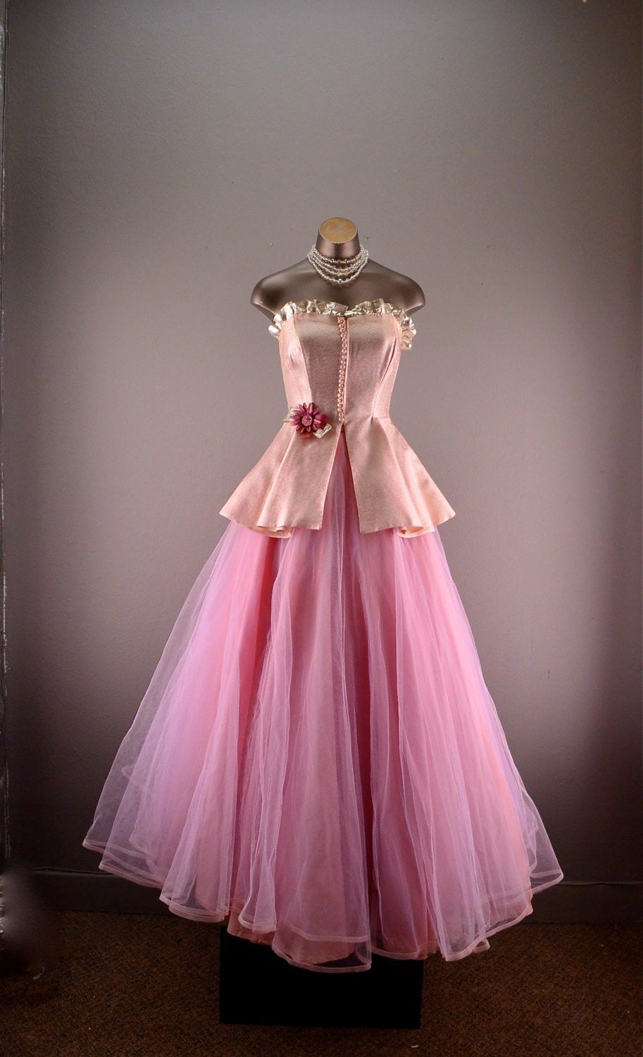 1950s pink party dress 50s tulle dress Size small bridal peplum tulle skirt Cupcake Vintage bridesmaid