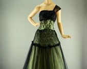 1950s tulle party dress 50s formal gown size small medium black lace Vintage evening gown floor length