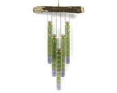 Rippled Moss Green and Violet Glass Wind Chime with Oregon Driftwood