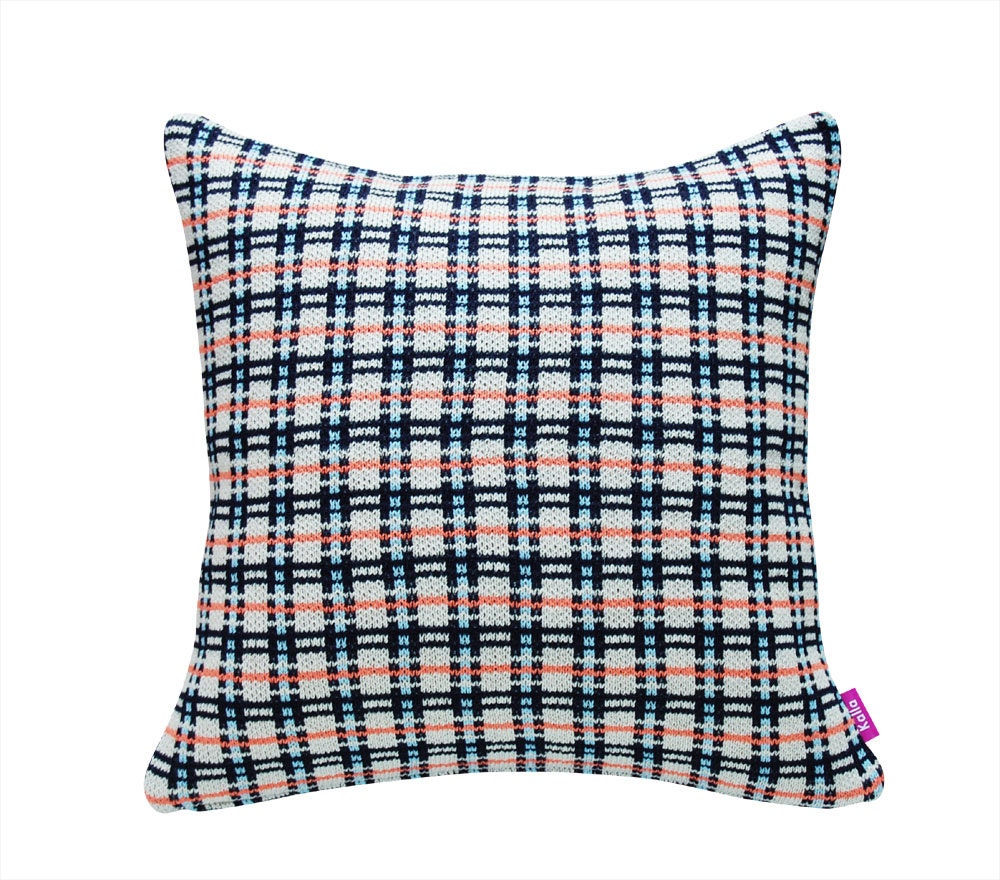 Knitted Pillow Cover - 18x18in/45x45cm - PLAIDS - Gray x Navy