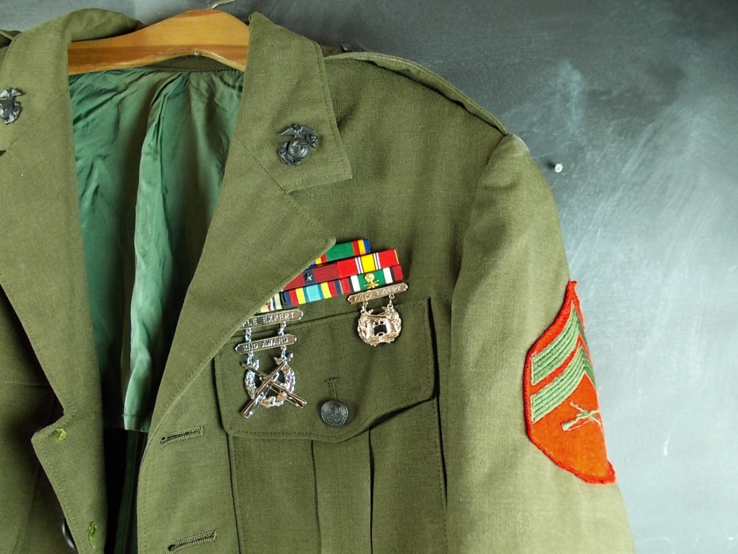 Vintage Army Jacket : Military Jacket with Patches, Ribbon Bar Medals, size Medium
