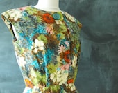 Sleeveless Floral Dress : Vintage 1960s Wool Dress, Small to Medium