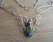 Multi Color Variscite Necklace Collar Design Drop Wire Wrapped in Silver Parawire with Turquoise Blue Seed Beads