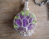 Tree of Life Pendant Lavender Amethyst Quartz Coin bead and Green Peridot Chips Wire Wrapped in Silver Parawire