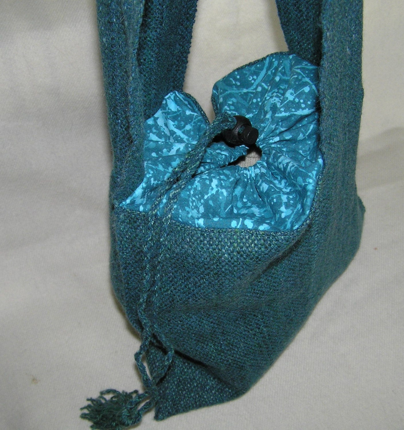 Handwoven handspun knitting shoulder bag sea green blue