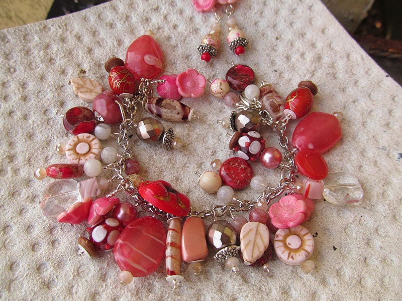 Winter Rose Pink Red Bead Charm Bracelet