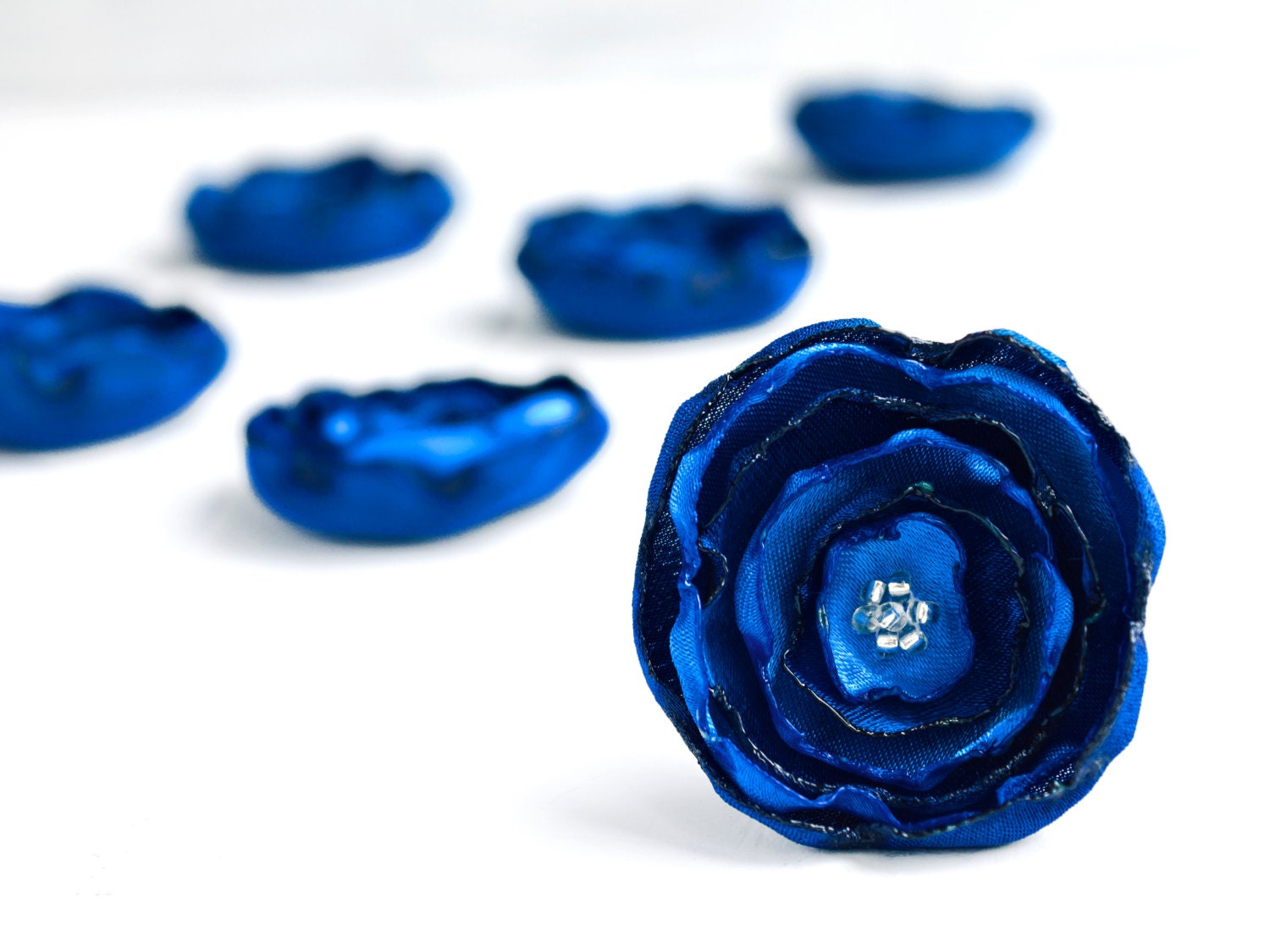 Handmade fabric flower appliques - 6 pcs in dark blue and light blue, artificial flowers, blue flowers, weddings decor, something blue