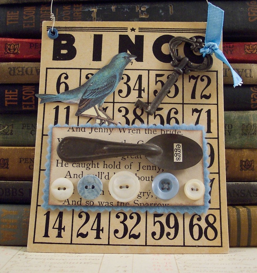 Mixed Media Collage Art Blue Bird Altered Bingo Card Wall Hanging