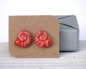 Post earrings - red and coral tone sea shell - beach jewelry - women jewerly - summer