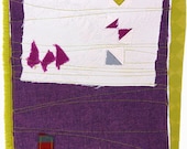 4.29.2013, quilted drawing, small art quilt, abstract, haiku, cream, citron, purple, fuchsia, gray, red, migration