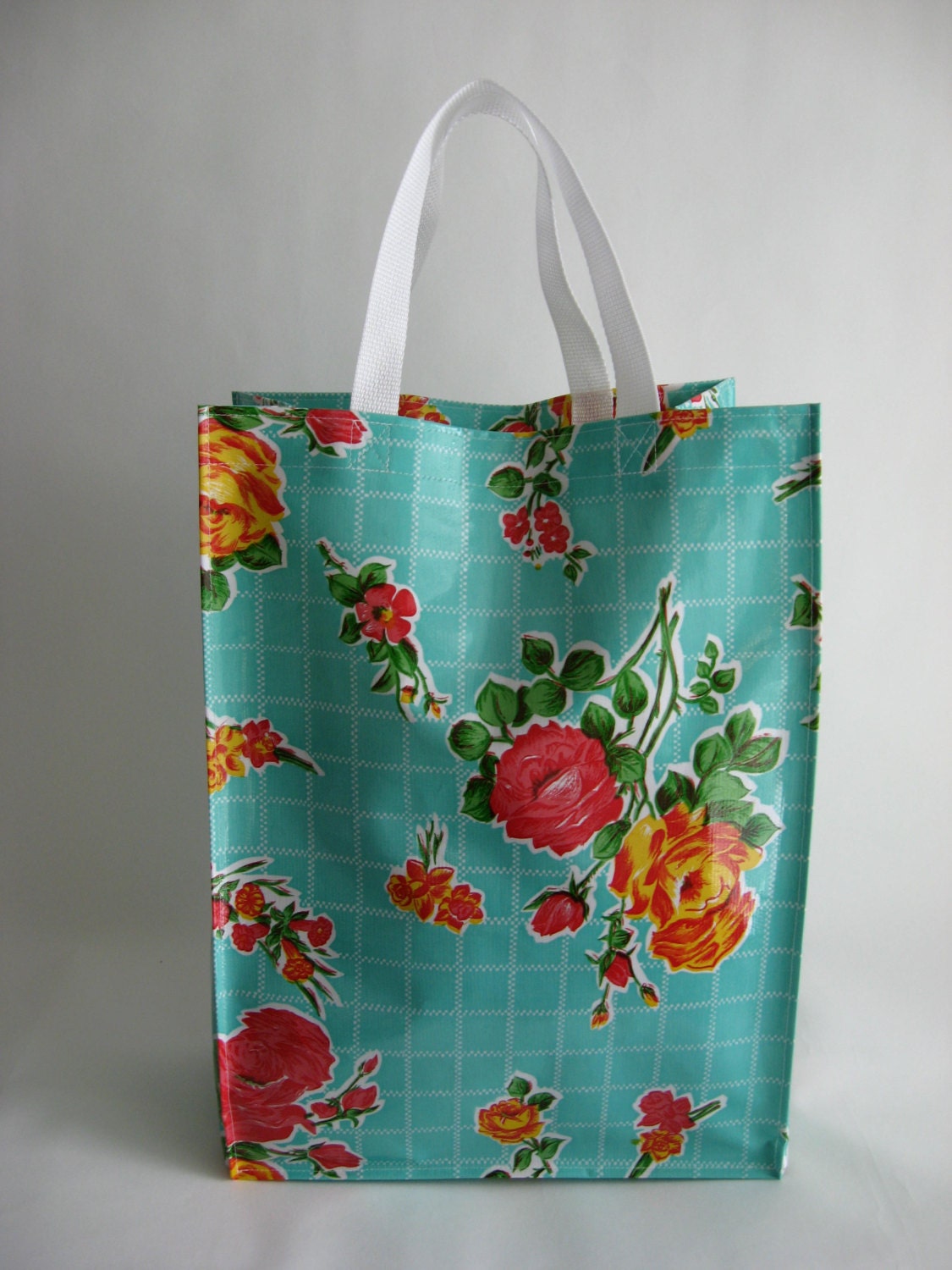 Durable Oilcloth Shopping Tote - Aqua Rosegall