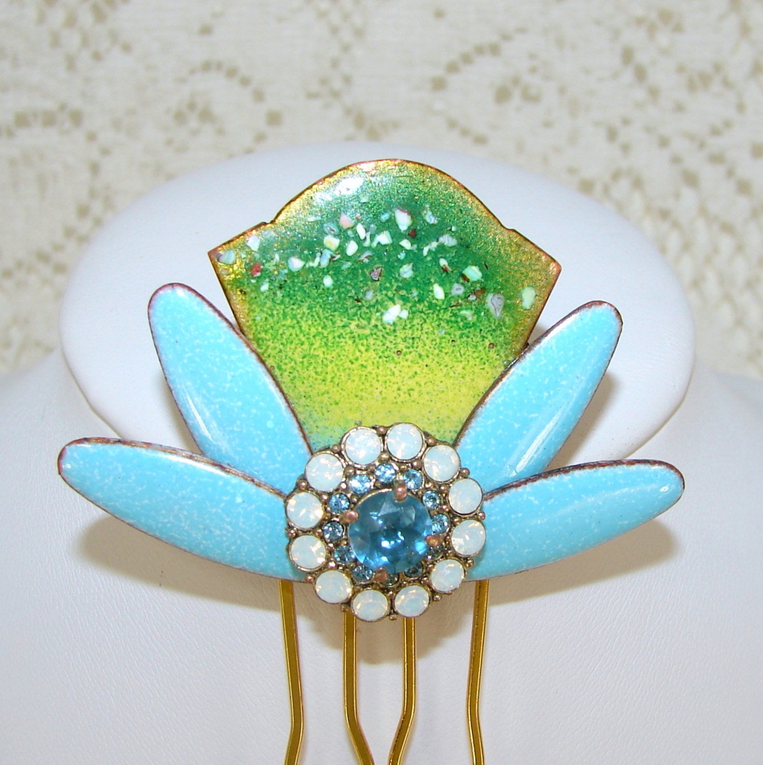 Ocean Blue Enamel Rhinestone Hair Comb Aquamarine Lime Green Opal Glass 1950s Vintage Jewelry Accessory