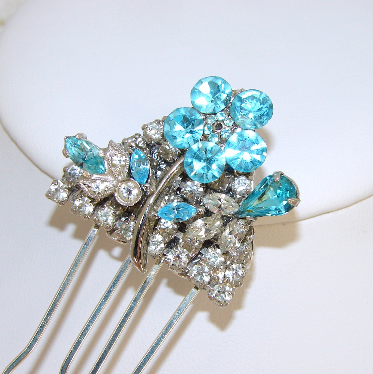Ocean Blue Wedding Hair Comb Aqua Rhinestone Flower Aquamarine Bridal Hairpiece Headpiece VIntage jewelry