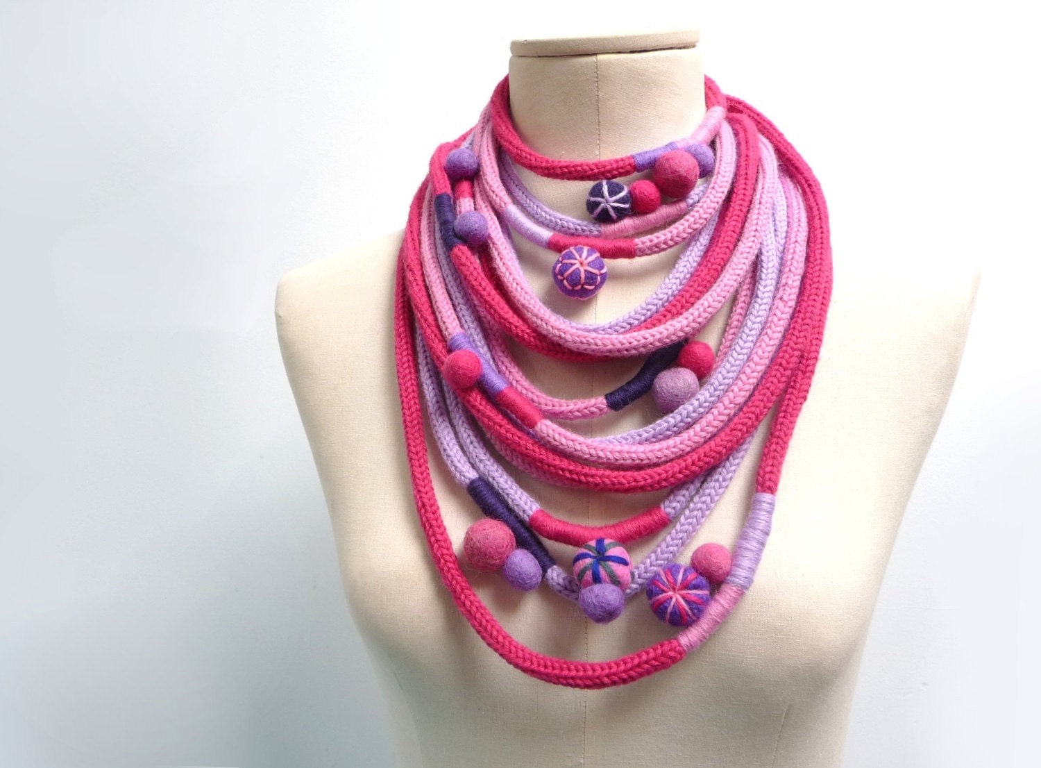 Loop Scarf - Infinity Necklace - Knit Neckwarmer, Scarflette - Pink Lilac Fuchsia Violet - Handmade - LOOPY LOOP