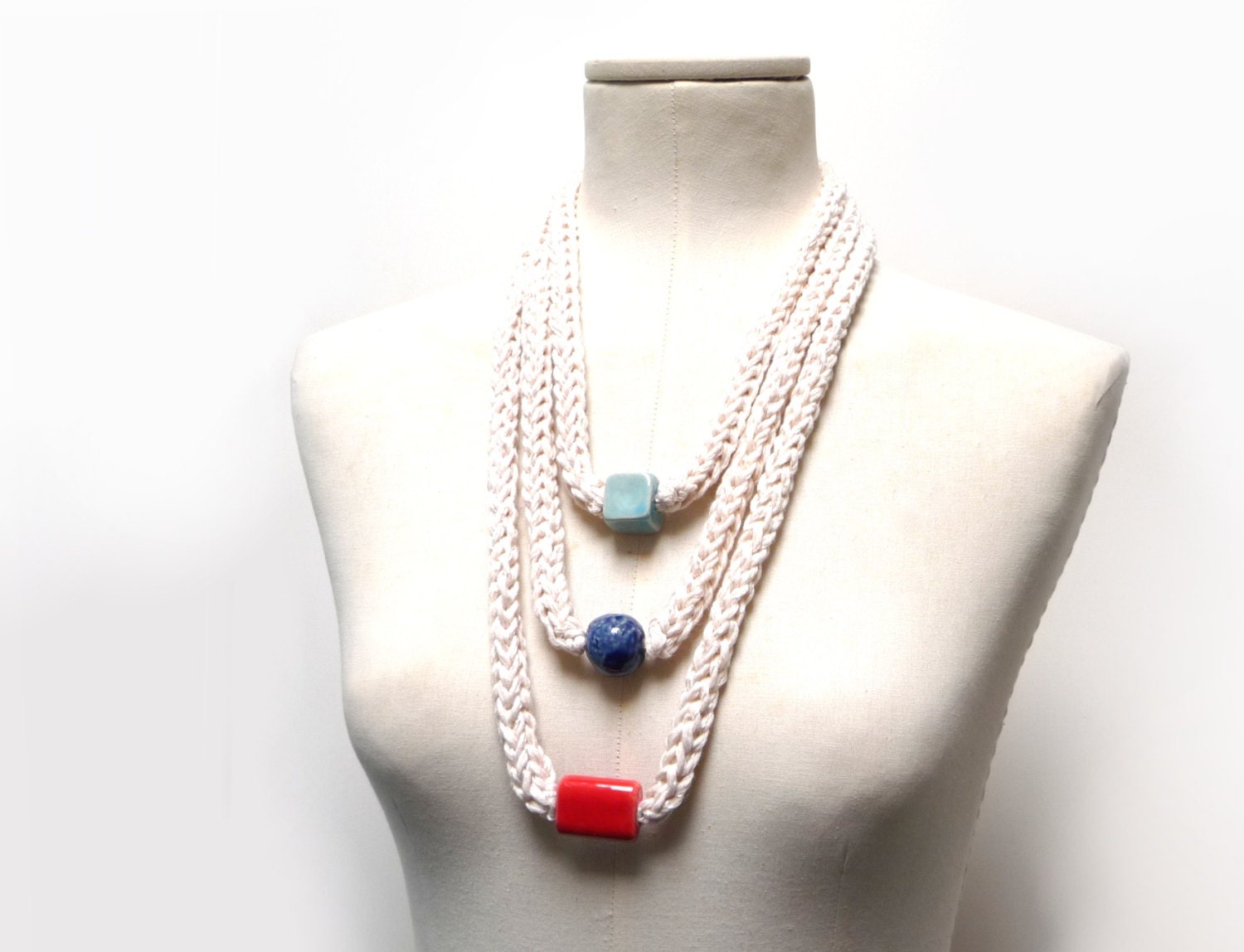 Knitted Necklace with Ceramic Beads - cream white cotton - blue, red, turquoise beads - yarn jewelry, knitted jewelry, textile necklace