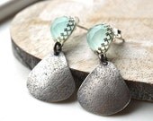 ON SALE Short Dangle Post Earrings in a Modern Edgy Design in Eco Friendly Silver, Elegant, Aqua Chalcedony, Modern, Textured, Stud Earring