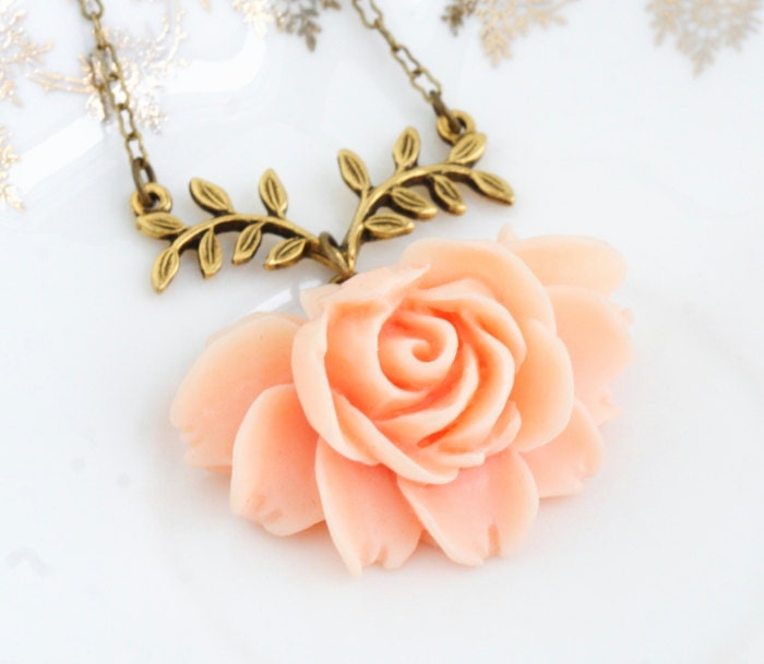 Statement Necklace, Pastel Orange Rose Necklace, Vintage Style, Shabby Chic, Flower Necklace