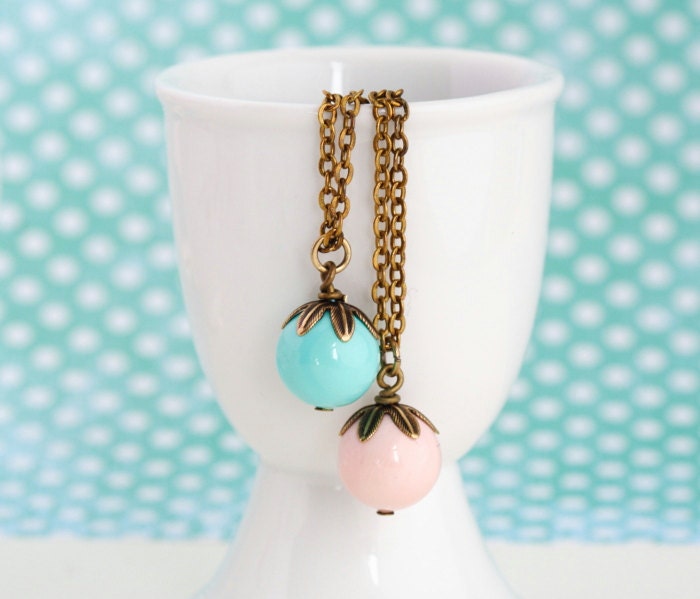 Beaded Petal Necklace, Aqua and Pink, Brass Necklace, Choose Your Color - JacarandaDesigns