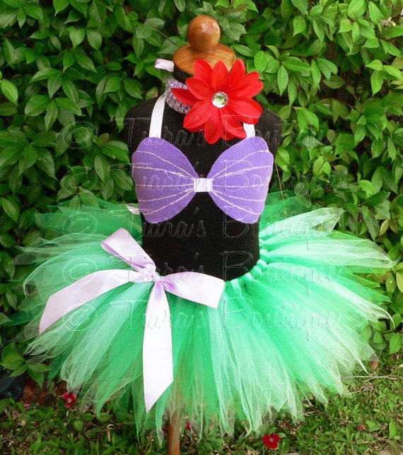 Custom Sewn 11" Girls Pixie Tutu Ariel Costume - sizes 6, 7, 8 - tutu, seashell top, and flower headband - For Halloween