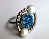Handmade Blue Drusy and Pearl Cocktail Orbit Ring