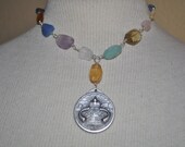 Gemstone and vintage religious Italian medal repurposed colorful necklace