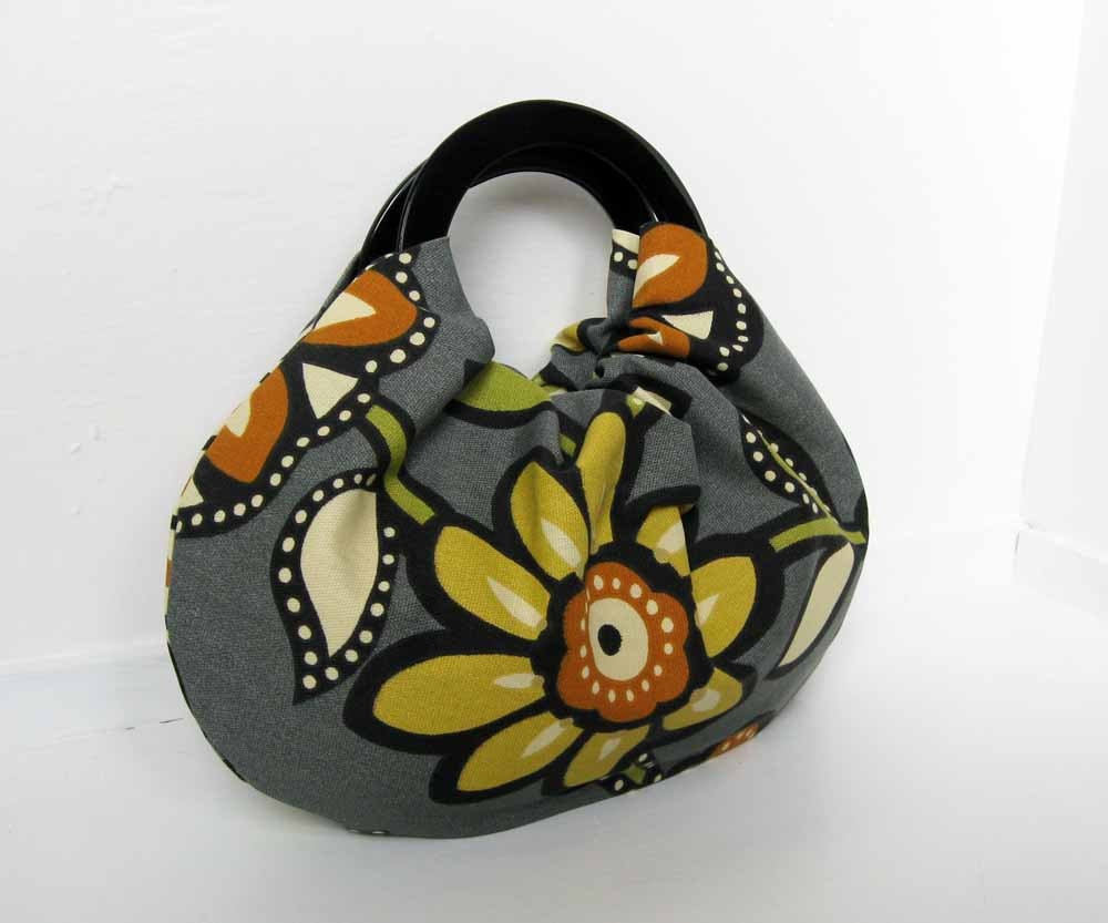 Retro Floral Handbag with Black Handles - Handmade Canvas Flower Purse - Ready to Ship