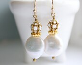 Fresh Water Coin Pearl with Swarovski Opal and Gold Ball Perfect Bridal earrings Free USA Shipping and Free Gift with Purchase