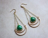 Vermeil Chain Half Gold Moon and Forest Green Teardrop Chandelier Dangle earrings Free USA Shipping