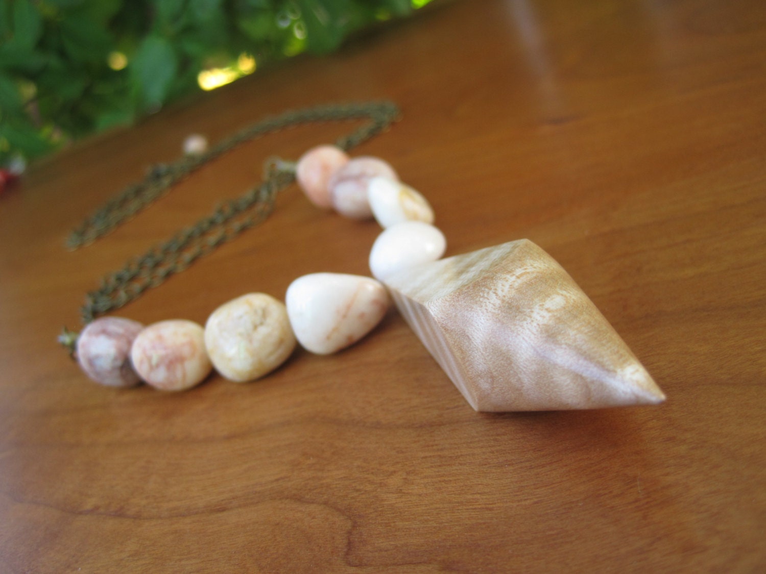 Long Wood and Stone Necklace - Peachy - Peach - Maple - Sharp - Geometric - Stone - Pastel - Light Wooden Jewelry - Brass Gold Chain