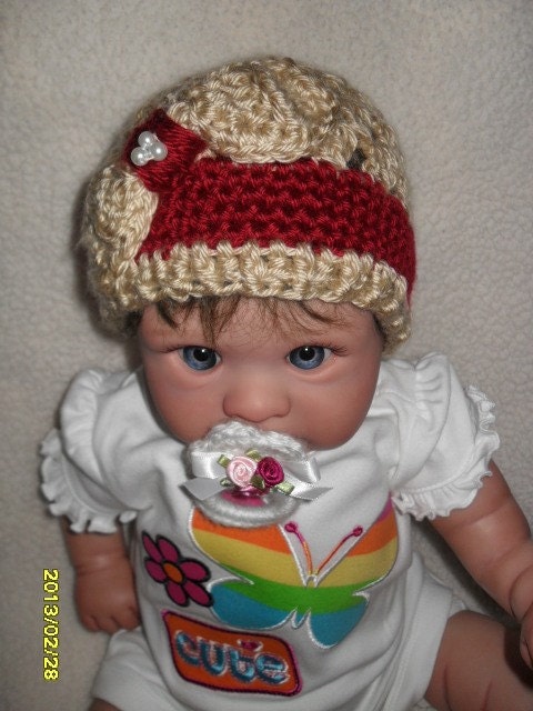 Baby girls BOW SET crocheted bow hat with matching booties, bone and autumn red color