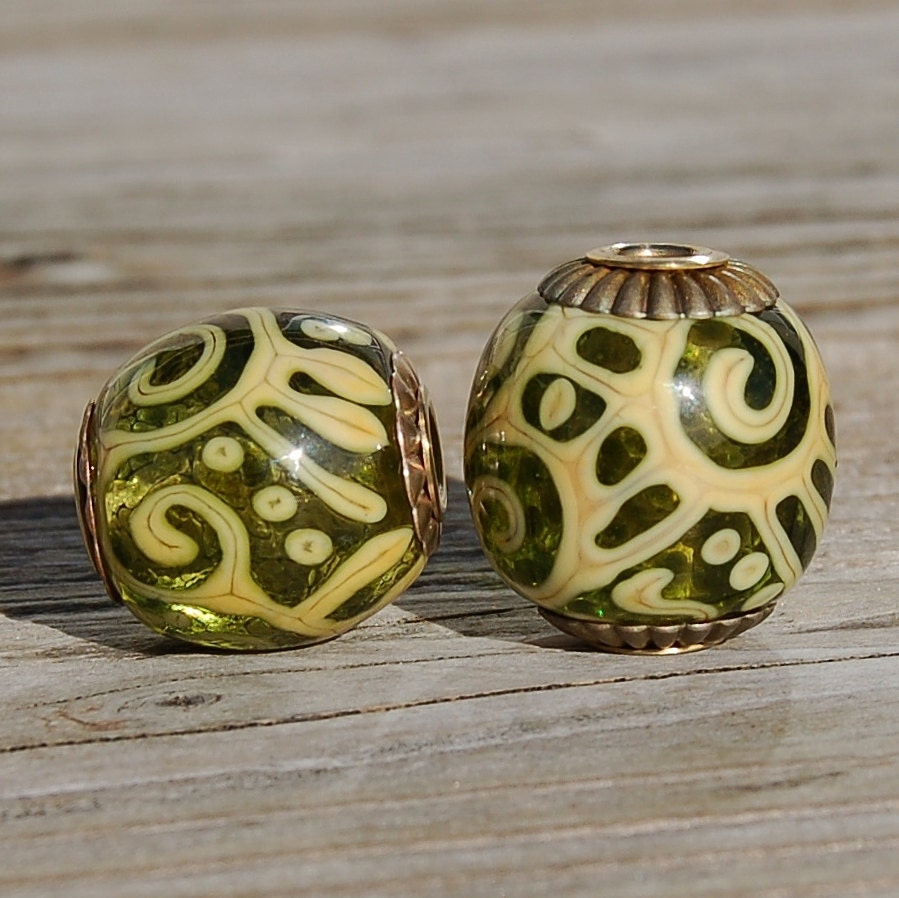 Graffiti Duo -  2 Cored 'n Capped K O Lampwork European Style Charm Bead - Focals