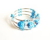 Silver, Lampwork Glass, Memory Wire Bracelet, Blue, Handmade Jewelry
