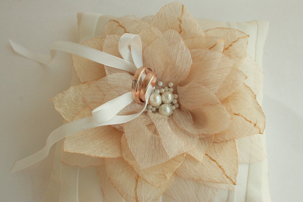 Cream Wedding pillow with flower---wedding rings pillow , wedding pillow FREE SHIPPING