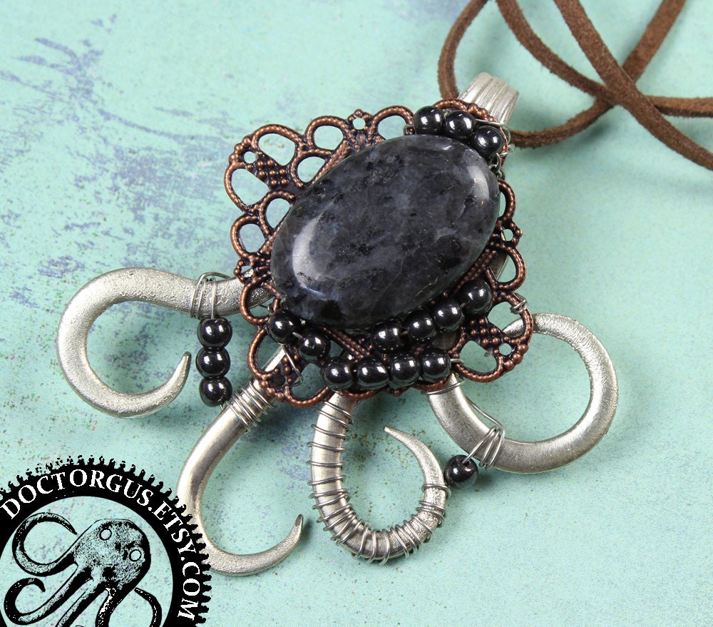 Wired Laboradorite Twisted Fork Pendant -- Handcrafted From an Antique Sterling Silver Plated Fork by Doctor Gus