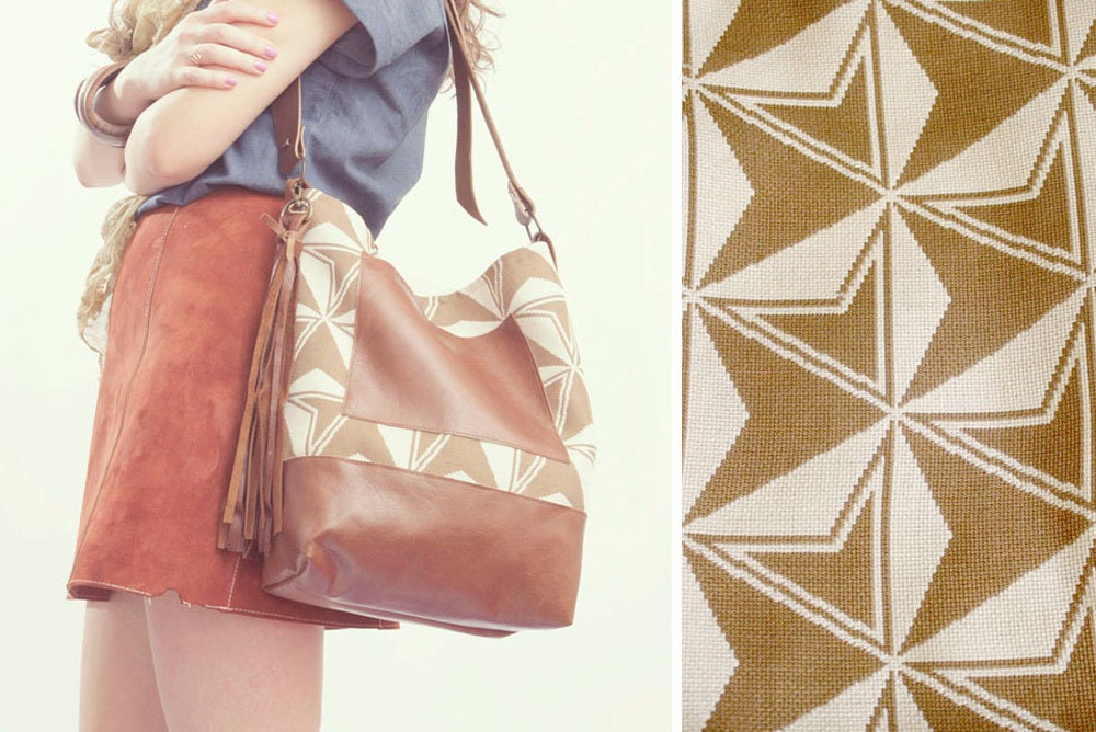 GEOMETRIC HOBO BAG. Brown Leather Bag. Boho Bag.  Cross Body Strap Bag. Adjustable Strap. Beige Tote Bag.
