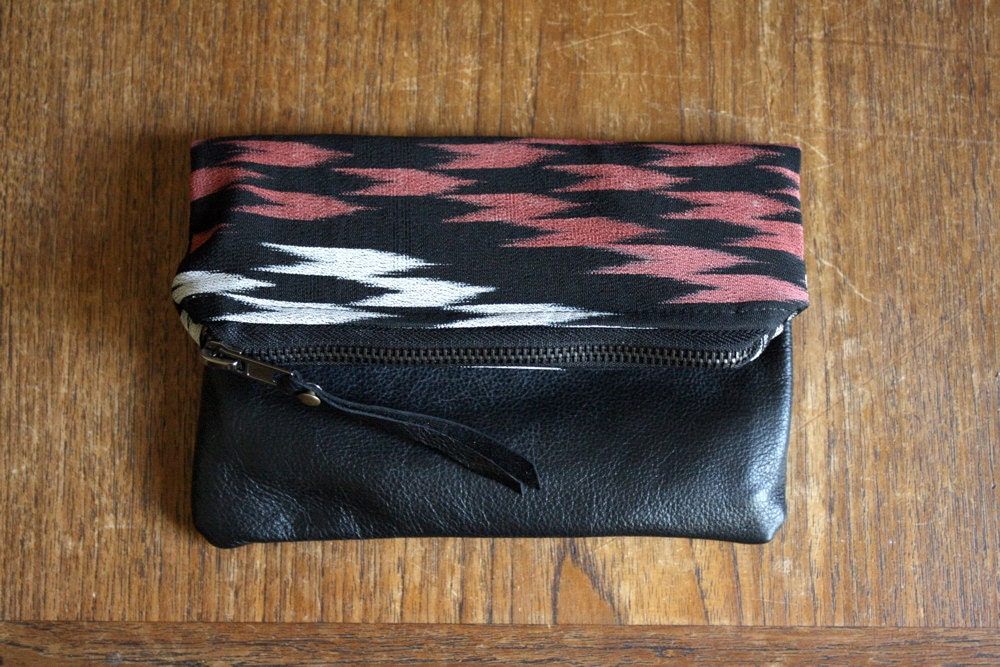 BLACK AZTEC Pouch. Tribal Clutch. Black Leather Pouch. Navajo Clutch. Chevron Pouch.