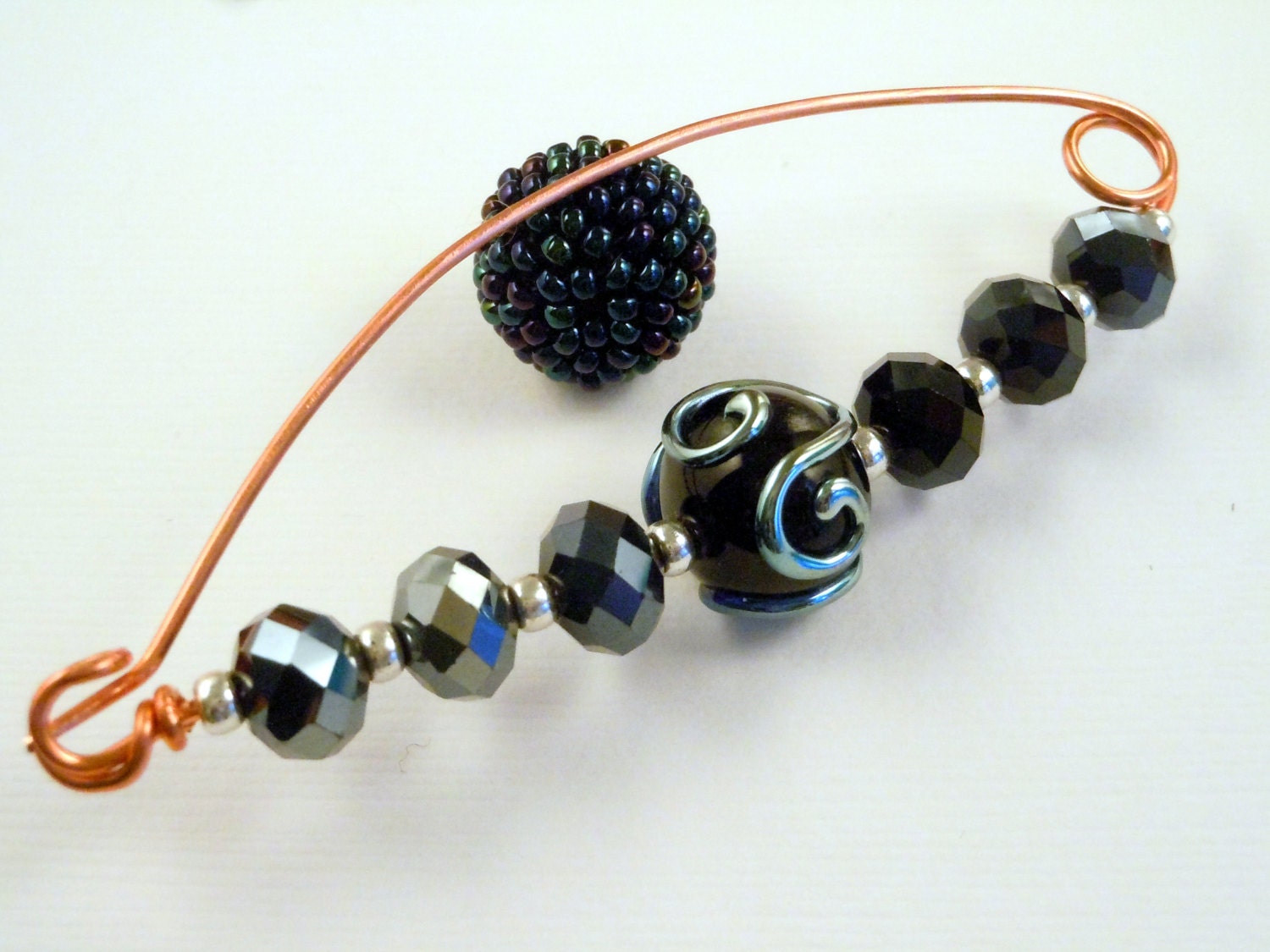 Copper Scarf Pin Black Glass Beads