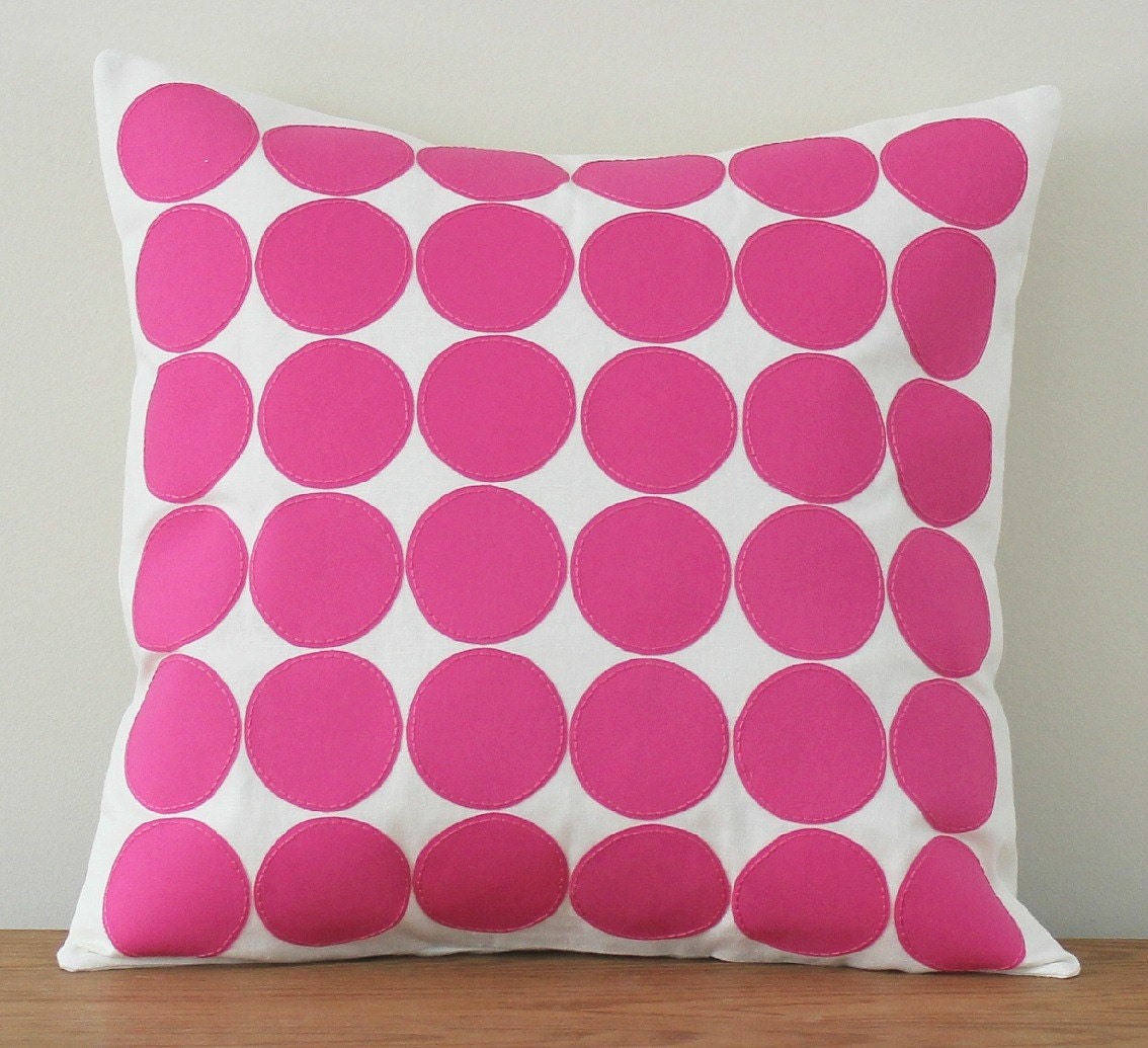 Hot Pink Mod Dots on Ivory Linen Applique Pillow Cover