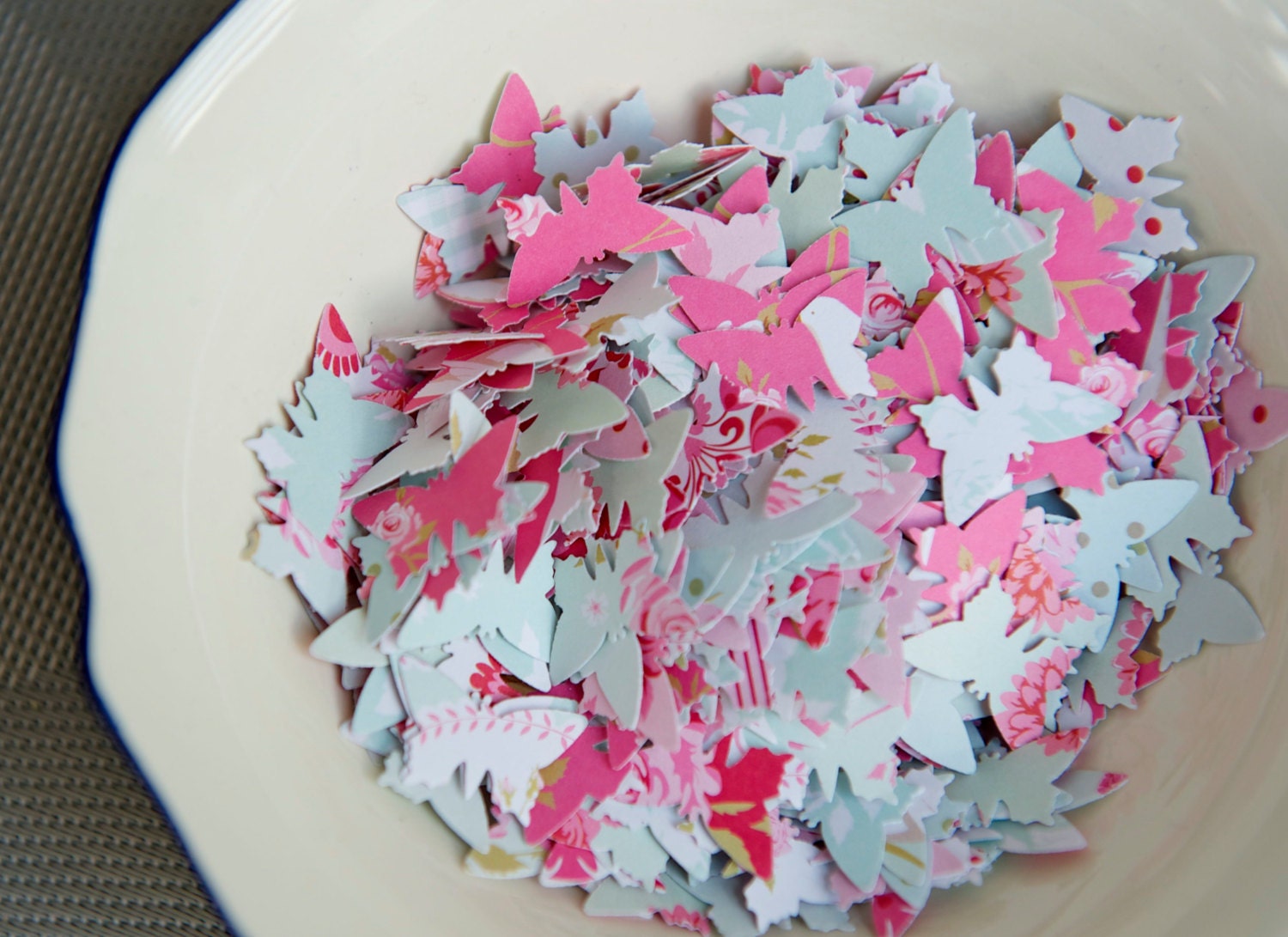 French designer paper 1" butterfly paper punches - 50 pieces - floral, gingham, polka dot, roses, birds, duck egg blue, pink, fuchsia