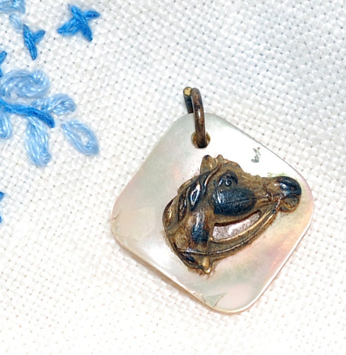 vintage shell pearl charm with brass horse head 5/8 inch square