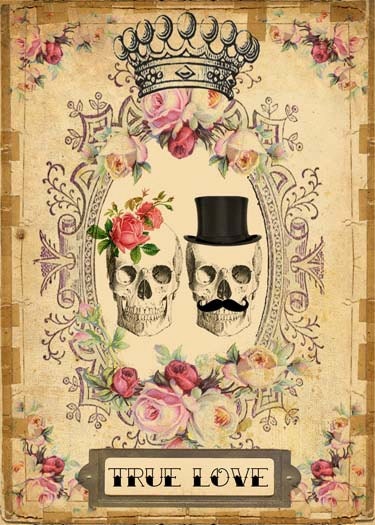 INSTANT Digital DOWNLOAD - DIY Printable Gothic Victorian Skull Couple - Antique Tattoo Day of The Dead - Wedding Anniversary