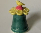 Spring  Bird Jar in Porcelain Yellow Daisy Lid and  Green Stem Base