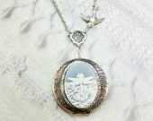 Silver Locket Necklace - The ORIGINAL Silver Dragonfly Lotus CAMEO LOCKET - Jewelry by BirdzNBeez - Christmas Birthday Wedding Gift