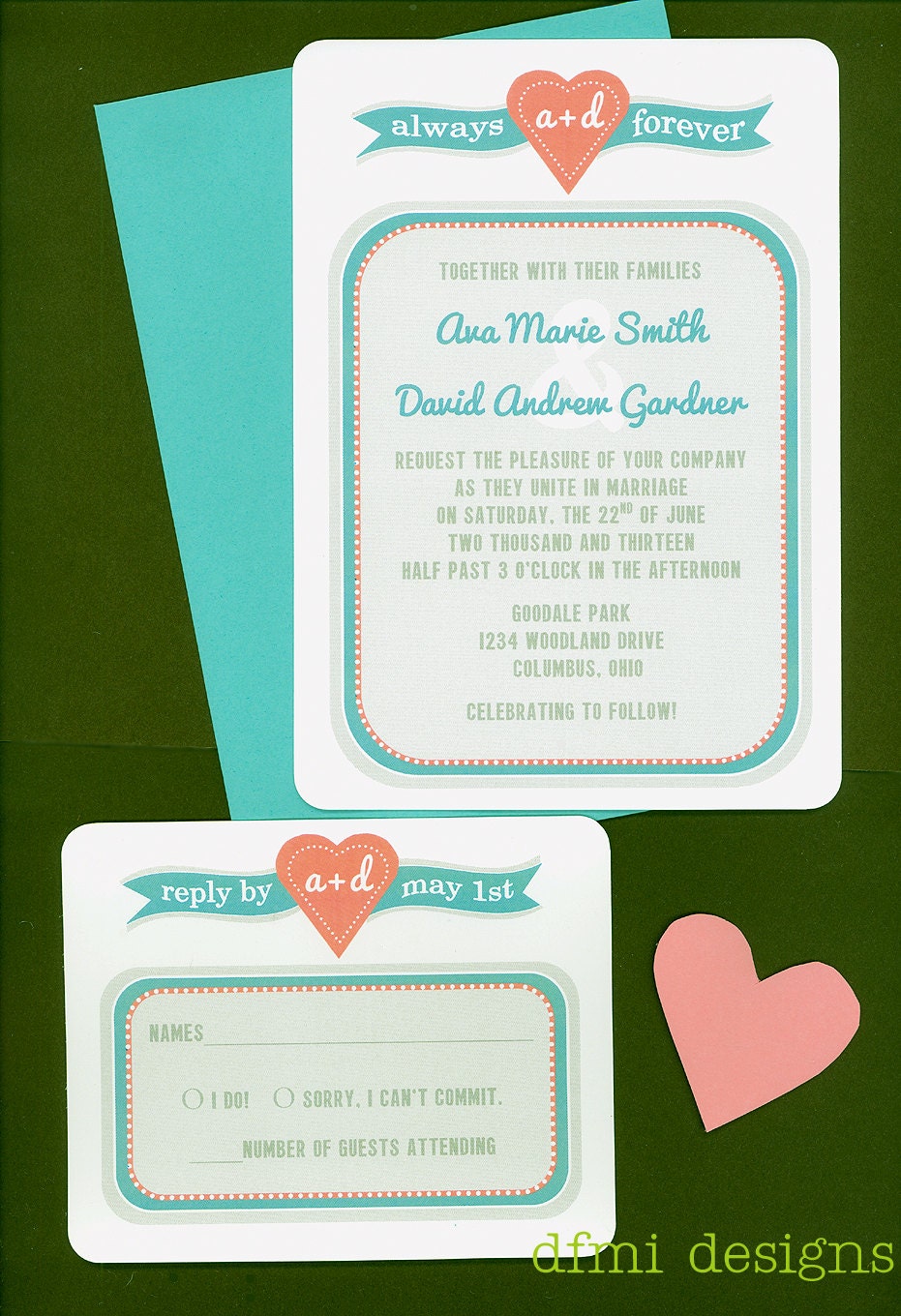 ALWAYS and FOREVER cute heart single panel rounded corner wedding invitations 5x7 Set of 25