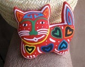 Hand Stitched Happy Hearts Mola Cat -  Stellar Kuna Indian Reverse Applique