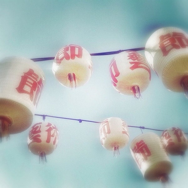 Chinese Lanterns Photo 5x5 Red and White Paper Lanterns Photography Print - Asian Decor Wall Art Photograph