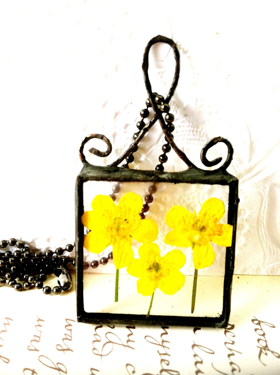 Soldered Glass Buttercup Pendant, Buttercup Necklace,Yellow Flower Pendant, Pressed Flower Jewelry, Yellow Buttercup Jewelry