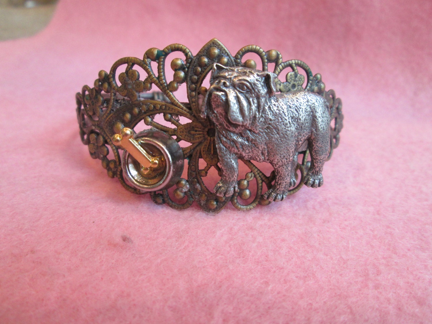 Lovely Antiqued Brass Filigree Figural English Bulldog Bracelet with Bowl and Bone-limited edition