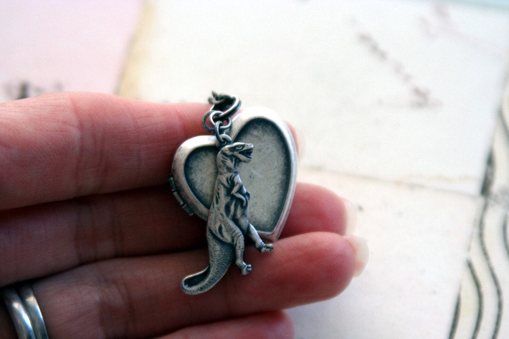 T rex. locket necklace. silver ox
